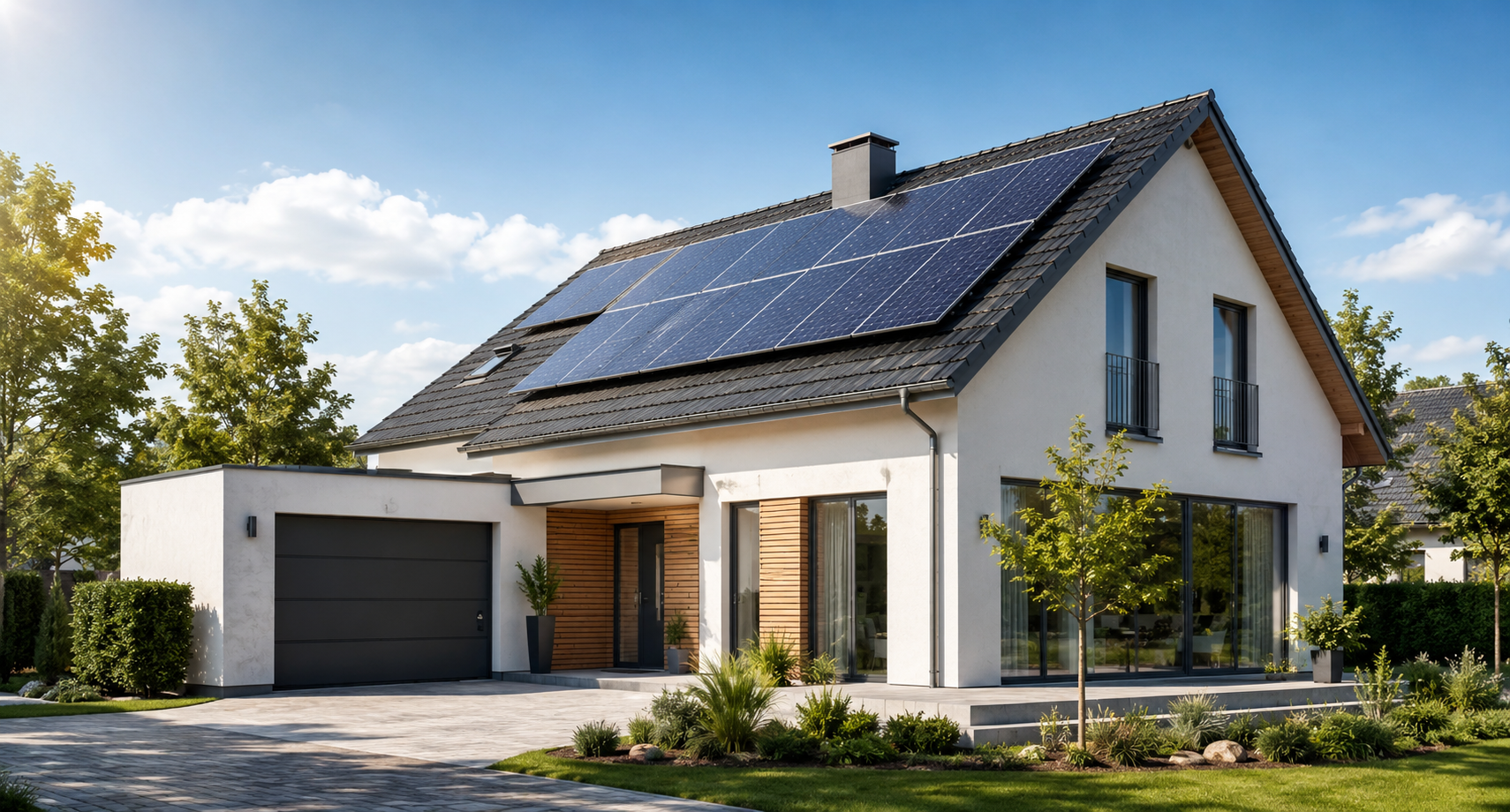 Modern home with rooftop solar panels in daylight