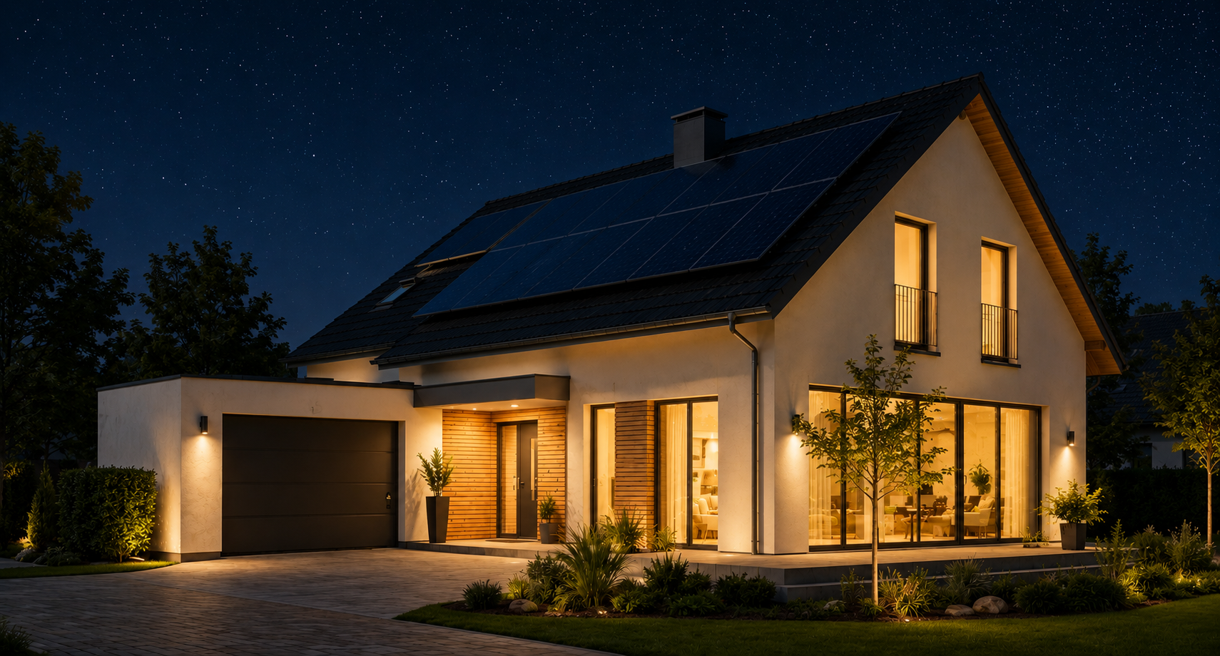 The same solar-powered home at night, windows lit